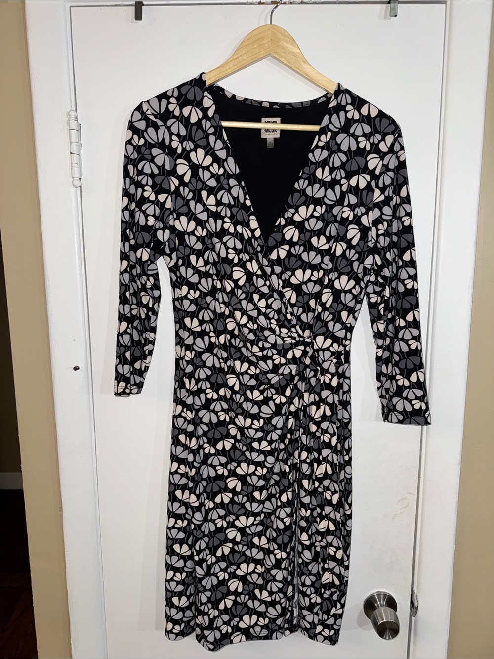 Anne Klein Black and Cream Floral Wrap Dress